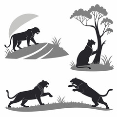 Vector illustration of black panther silhouettes in various poses and natural settings