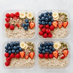 Four containers with overnight oats topped with assorted berries, banana slices, and a sprinkling of seeds create a colorful and nutritious breakfast option for a healthy start