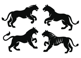 Vector illustration set of black panther and tiger silhouettes in dynamic running poses