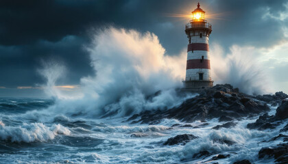 Obraz premium Lighthouse on the coast with storm-rough waves, lantern lit at dusk.