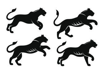 Vector illustrations of black panther silhouettes in different poses against a white background