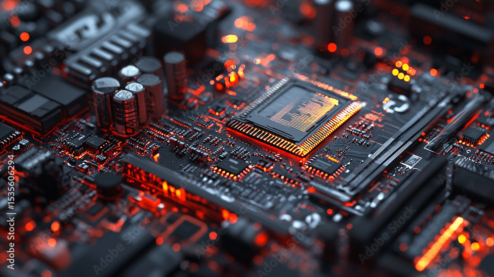 Poster close up view of a dark computer motherboard with red glowing lights and electronic components visib