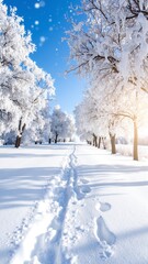 Obraz premium A serene snow-covered path winds through tall, frosted trees, their branches heavy with glistening snowflakes, creating a tranquil winter wonderland.