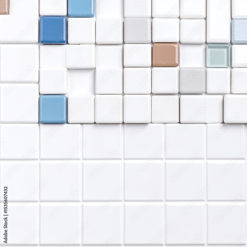 Poster a vibrant wall adorned with white and blue tiles, interspersed with an array of colorful tiles in sh