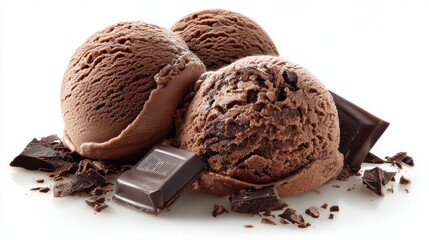 Premium image of photograph of three scoops of chocolate ice cream on a white background, with dark chocolate shavings and pieces of dark chocolate bar. The image is.