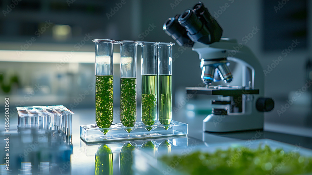 Poster laboratory setup featuring test tubes with green liquid and a microscope on a reflective surface