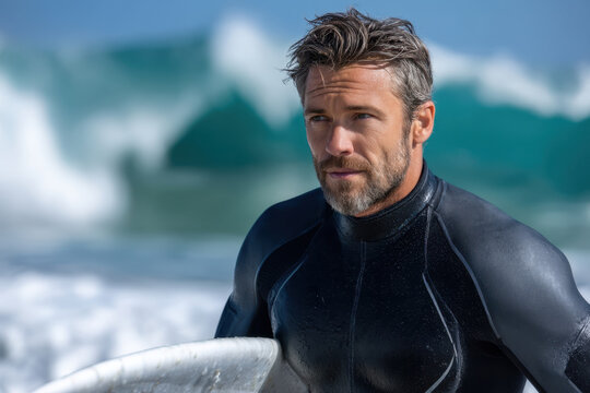 Surfer preparing to ride waves at the beach in bright sunlight during the afternoon