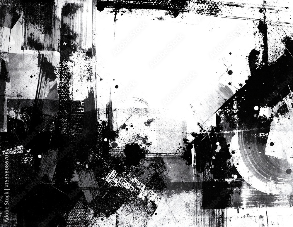 Poster a striking black and white abstract background featuring dynamic swirls and splatters of gray paint,