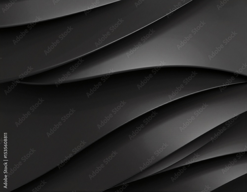 Poster a deep black abstract background featuring smooth, flowing wavy lines in varying shades of gray, cre