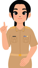 cartoon smile Thai female teacher in khaki uniform, Thai woman government officer character holding index finger up illustration