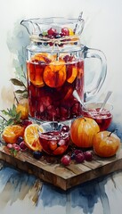 Colorful fruit punch in a glass pitcher and small glasses.