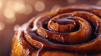 Close-up View of a Delicious Cinnamon Roll with Glaze on Dark Brown Background