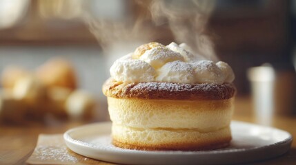 Fluffy and Delicious Milk Cake with Cream Topping in a Cozy Setting with Steam Rising