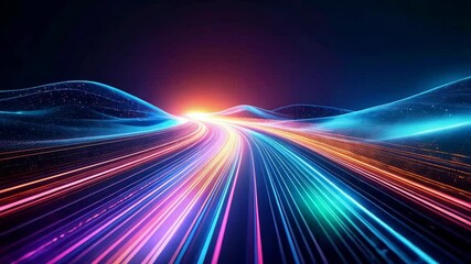 Abstract futuristic road leading to a bright horizon with colorful light trails and shimmering surfaces on dark background - Powered by Adobe