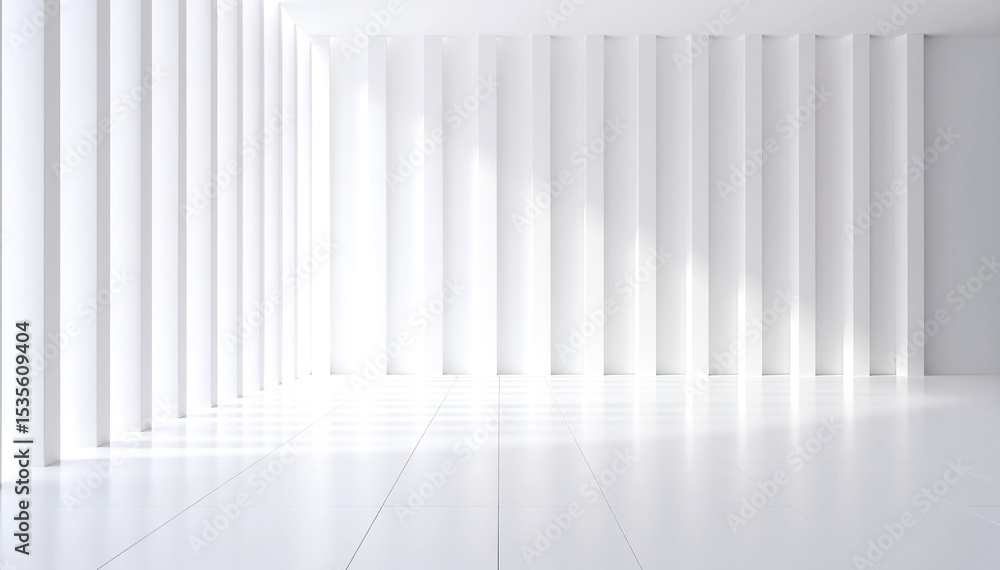 Poster a spacious, white empty room featuring sleek vertical lines on the walls, illuminated by soft, diffu