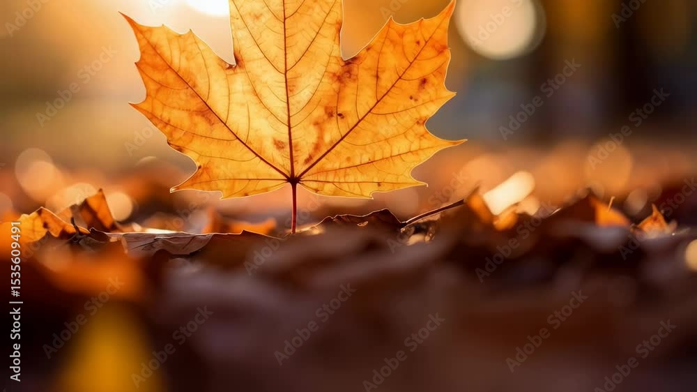 Poster close-up of maple leaf on ground in autumn forest with blurred background and sunlight filtering thr