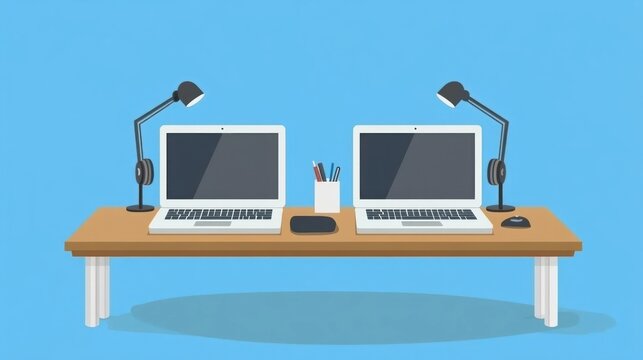 Workspace with Two Laptops, Desk Lamps, and Office Supplies on Blue Background for Remote Work and Productivity Themes