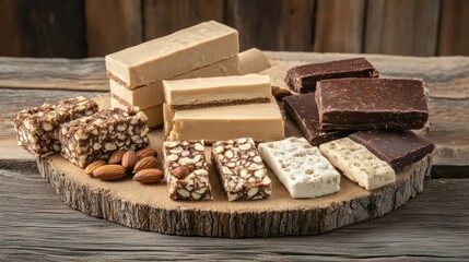 Delicious Selection of Homemade Candy Bars on Wooden Surface with Nuts and Rustic Background
