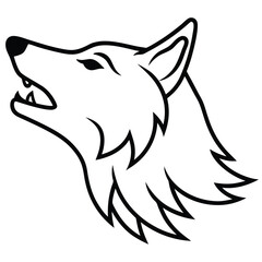 A bold black and white outline illustration of a howling wolf head on white background