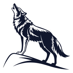 A majestic vector illustration of a howling wolf silhouette on a rocky outcrop