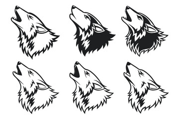Artistic depictions of a howling wolf head in black and white for design and branding