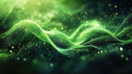 Abstract green wavy lines with bokeh and glittering particles