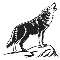 Black and white silhouette of a howling wolf standing atop a rock isolated