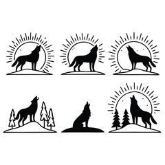 Black silhouette illustration of howling wolves surrounded by nature elements and sunlight designs