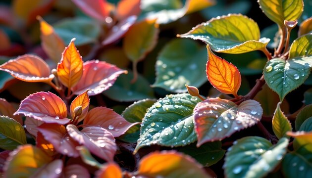 high quality, bright, artistic rendering of dew covered leaves, vibrant shades, minimalistic composition