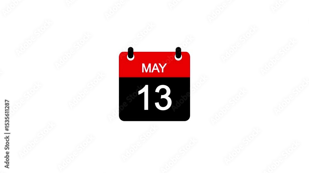 Poster may 13 daily calendar icon animation on transparent background. calendar with the date may 13 on a w