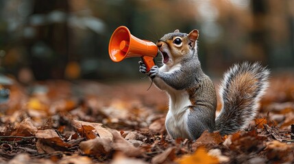 Squirrel standing on leaves holding an orange megaphone