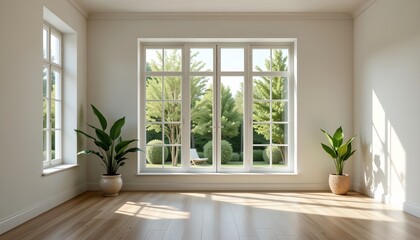 high quality, photorealistic rendering of an empty bright room with big window and lush green plants, high detail, soft natural lighting