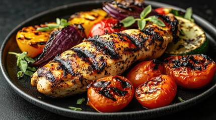 Grilled chicken breast with grilled vegetables on a black plate