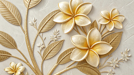 Golden Begonia Floral Relief Wall Art featuring embossed gold and offwhite flowers leaves and stems on a textured offwhite background a 3 D textured floral design