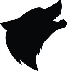Bold black silhouette illustration of a howling wolf head isolated on a white background