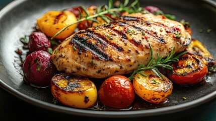 Grilled chicken breast with roasted potatoes and tomatoes on a plate