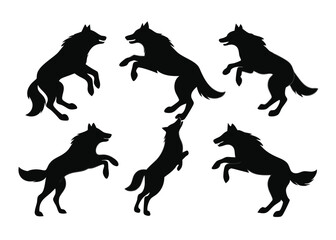 Collection of black silhouette wolves in various poses against a clean white background