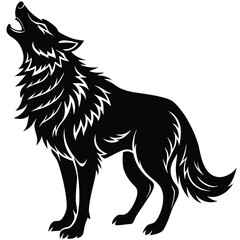 Bold black silhouette of a howling wolf on a white background for design projects