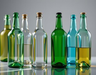 high quality, photorealistic rendering of glass bottles with reflections, high detail, vibrant colors, minimal background