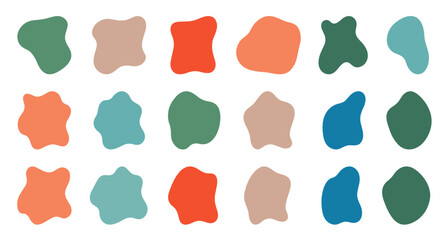 Collection of colorful abstract blob shapes in organic freeform style. Modern fluid silhouettes ideal for backgrounds, design elements, and creative compositions.