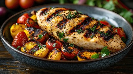 Grilled chicken breast with roasted tomatoes in a bowl