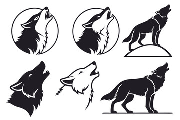 Collection of howling wolf silhouette designs for logos badges emblems and nature related projects