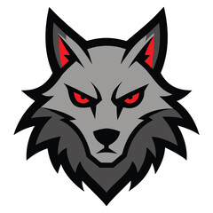Fierce gray wolf mascot head with red eyes and threatening expression on white background