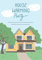 Fototapeta premium House Warming Party Invitation Card. Cute Vector Illustration of Cottage House Built on the Background of Nature 