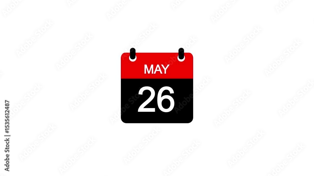 Poster may 26 daily calendar icon animation on transparent background. calendar with the date may 26 on a w