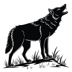 Fototapeta premium Majestic black silhouette wolf howling upward on small hill vector illustration