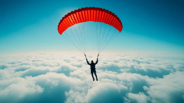 Person paragliding above fluffy white clouds under a bright blue sky. The scene captures the thrill of adventure