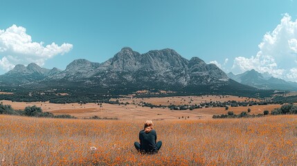 Person sits amidst a vibrant, golden meadow, facing a majestic mountain range under a vibrant blue sky