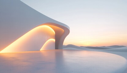 3D render, abstract background with a white curved wall and glowing light in the desert. A minimalistic concept for the presentation of architectural design. 