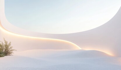 3D render, abstract background with a white curved wall and glowing light in the desert. A minimalistic concept for the presentation of architectural design. 